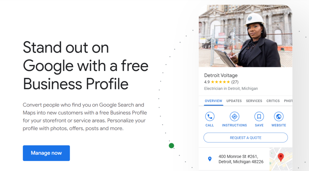 A screenshot of Google Business Profile’s home page