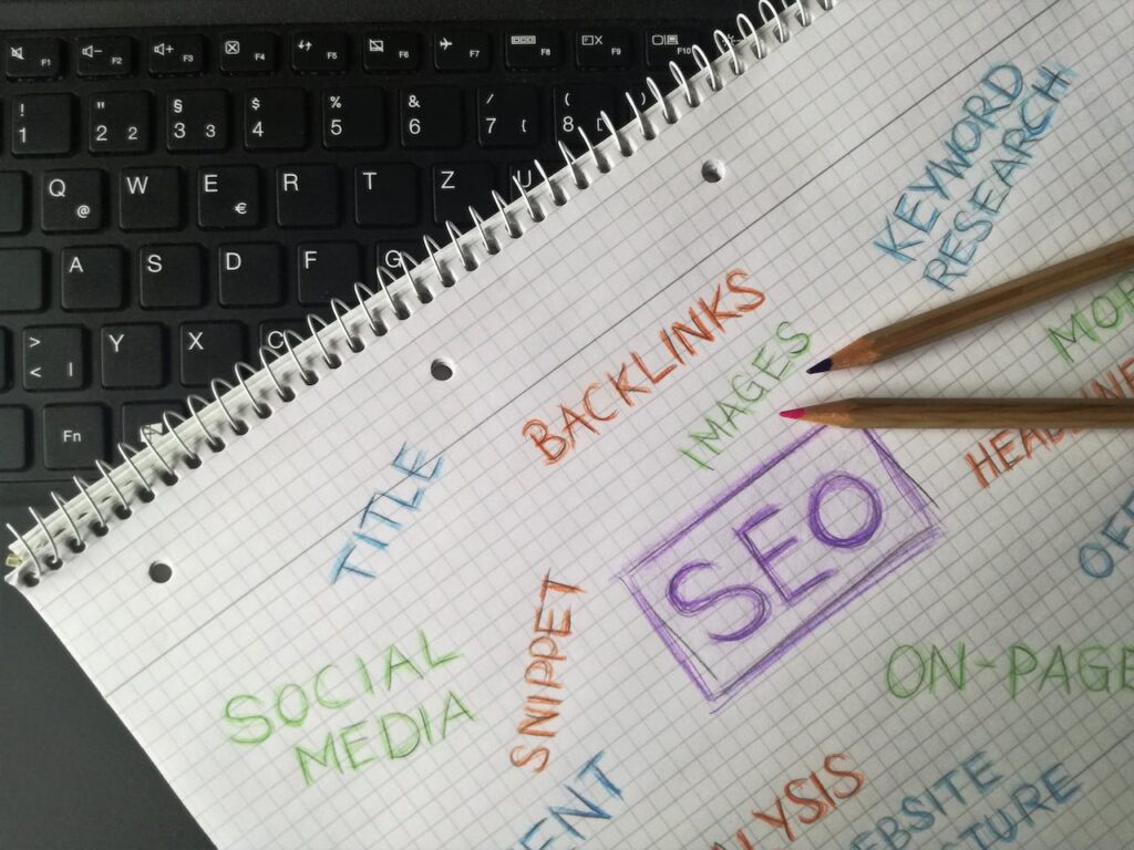 A notebook with “SEO, backlinks, social media, etc.” written in it