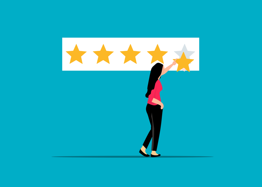 An illustration of a woman posting a five-star review