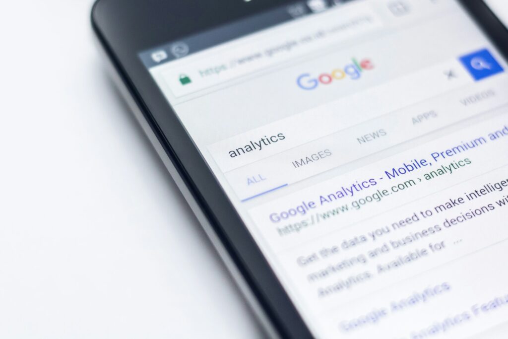 A Google search of “analytics” on a smartphone